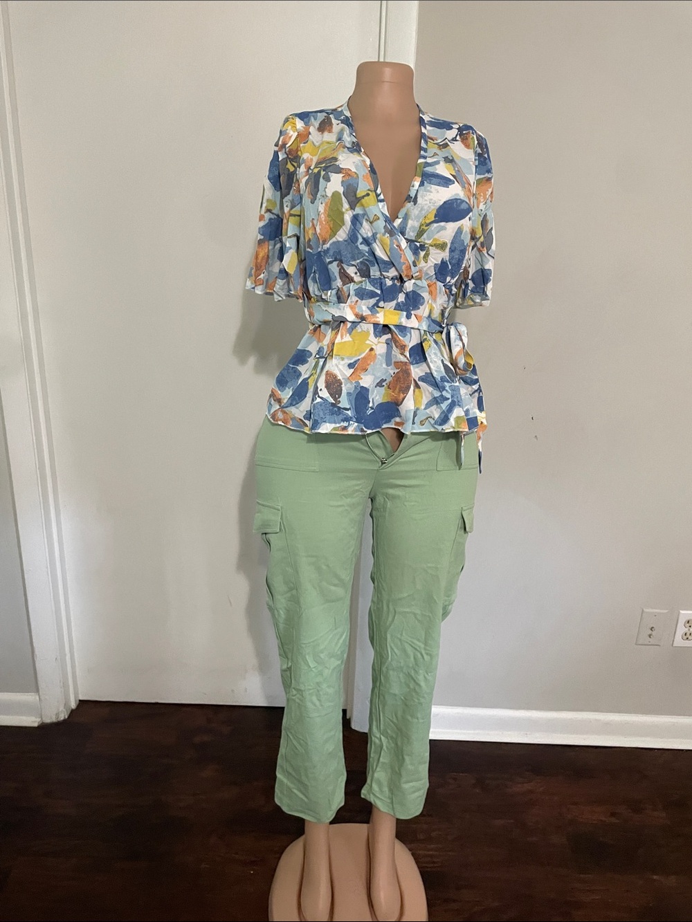 a new day Multicolor Floral Wrap Top with Blue, Yellow & Brown Print
